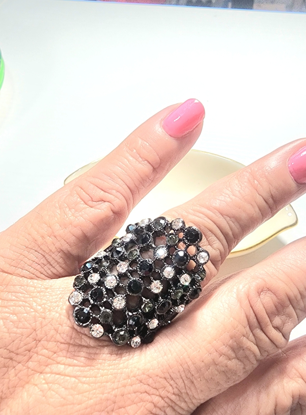 Black Crystal Cocktail Statement Ring. Size 8
